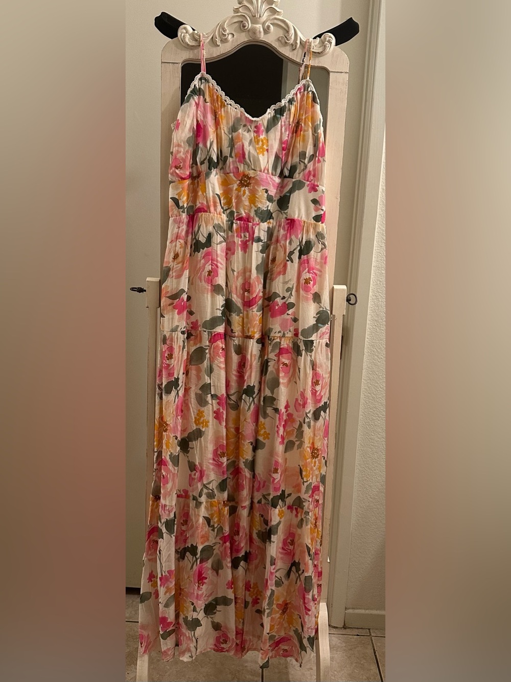 New Dillards Floral Spaghetti-Strap Maxi Dress - Pink, Yellow and army green